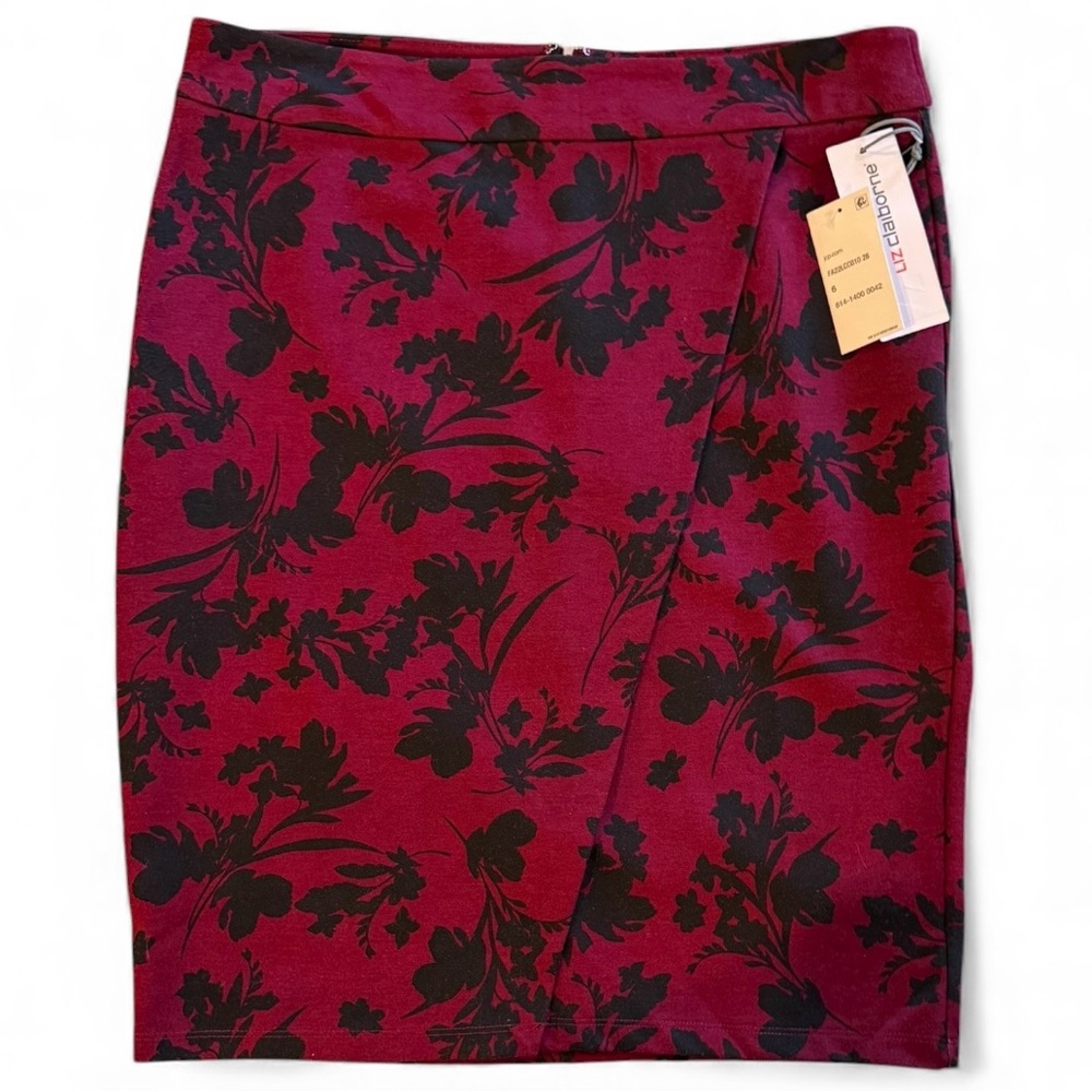 Liz Claiborne Red and Black Floral Pencil Skirt Size Faux Wrap Stretch 6 NWT